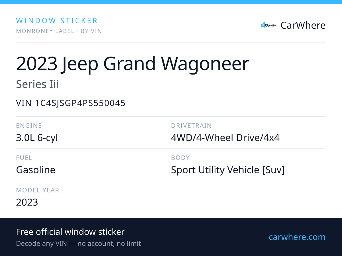 VIN 1C4SJSGP4PS550045 — 2023 JEEP Grand Wagoneer Window Sticker ...
