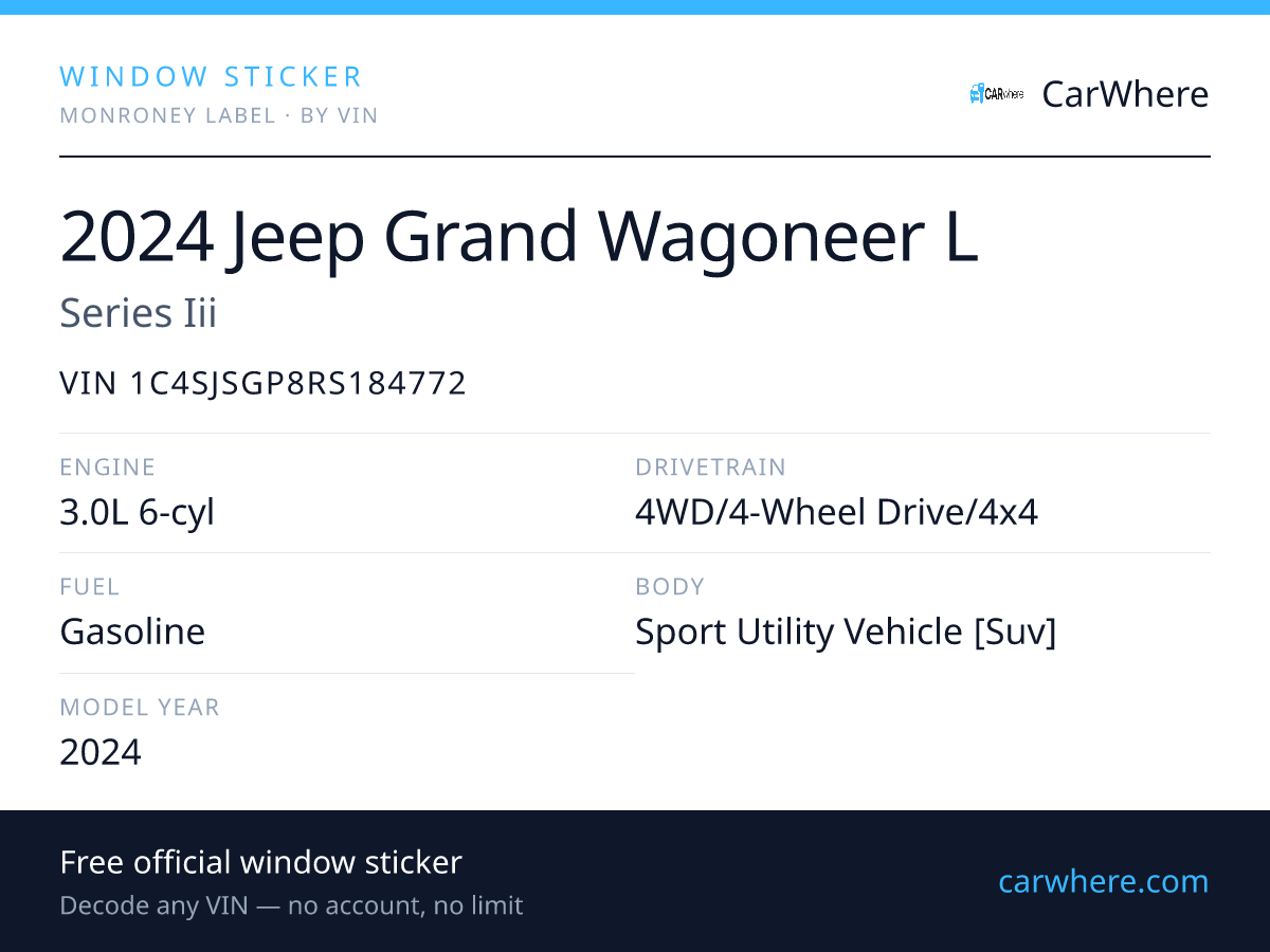 VIN 1C4SJSGP8RS184772 — 2024 JEEP Grand Wagoneer L Window Sticker ...