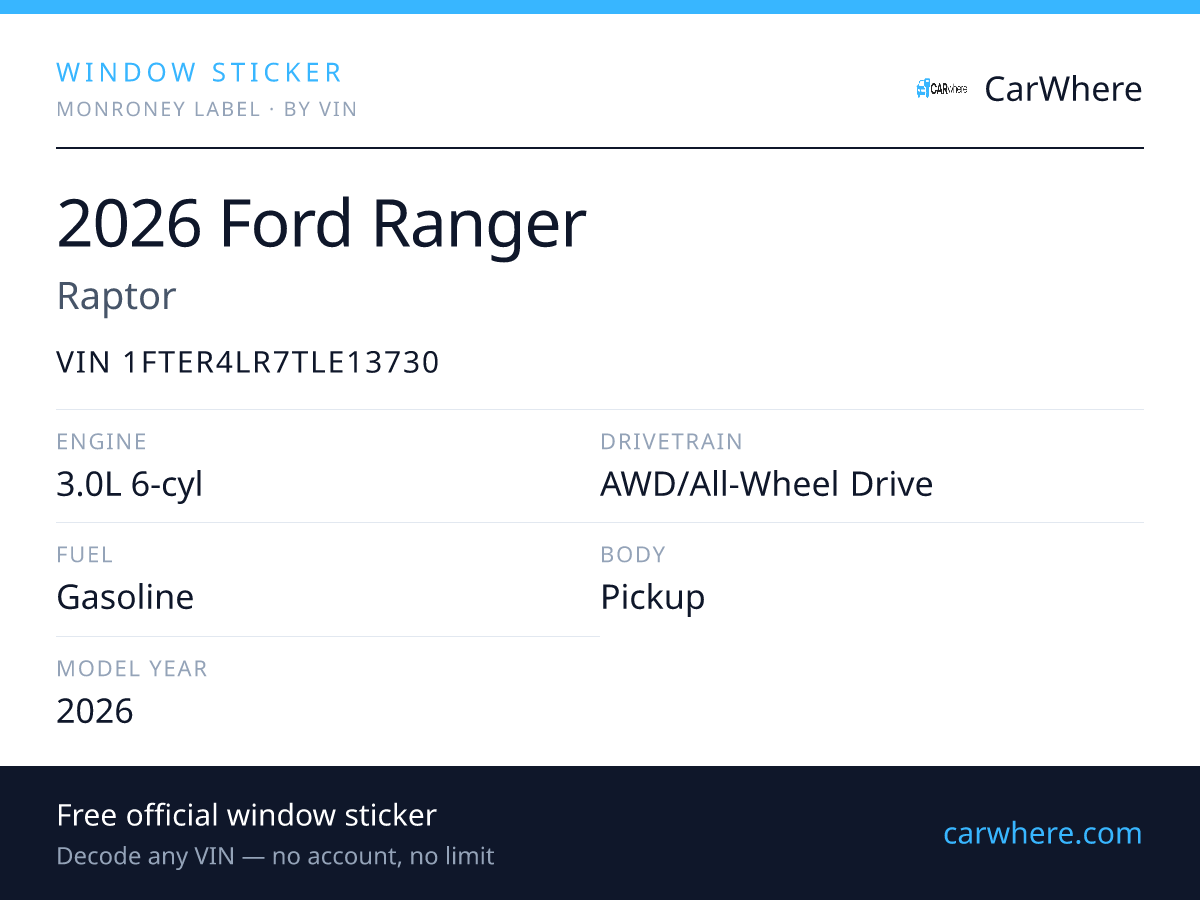 VIN 1FTER4LR7TLE13730 — 2026 FORD Ranger Window Sticker & Decode | CarWhere