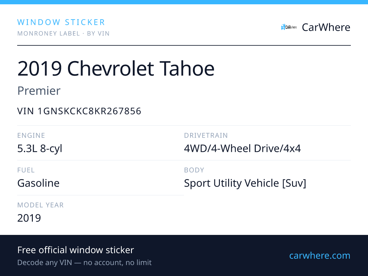 VIN 1GNSKCKC8KR267856 — 2019 CHEVROLET Tahoe Window Sticker & Decode ...
