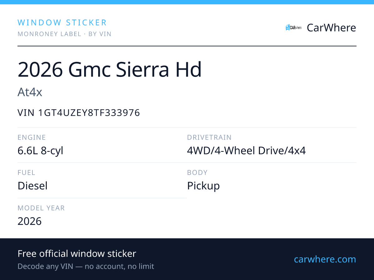 VIN 1GT4UZEY8TF333976 — 2026 GMC Sierra HD Window Sticker & Decode ...