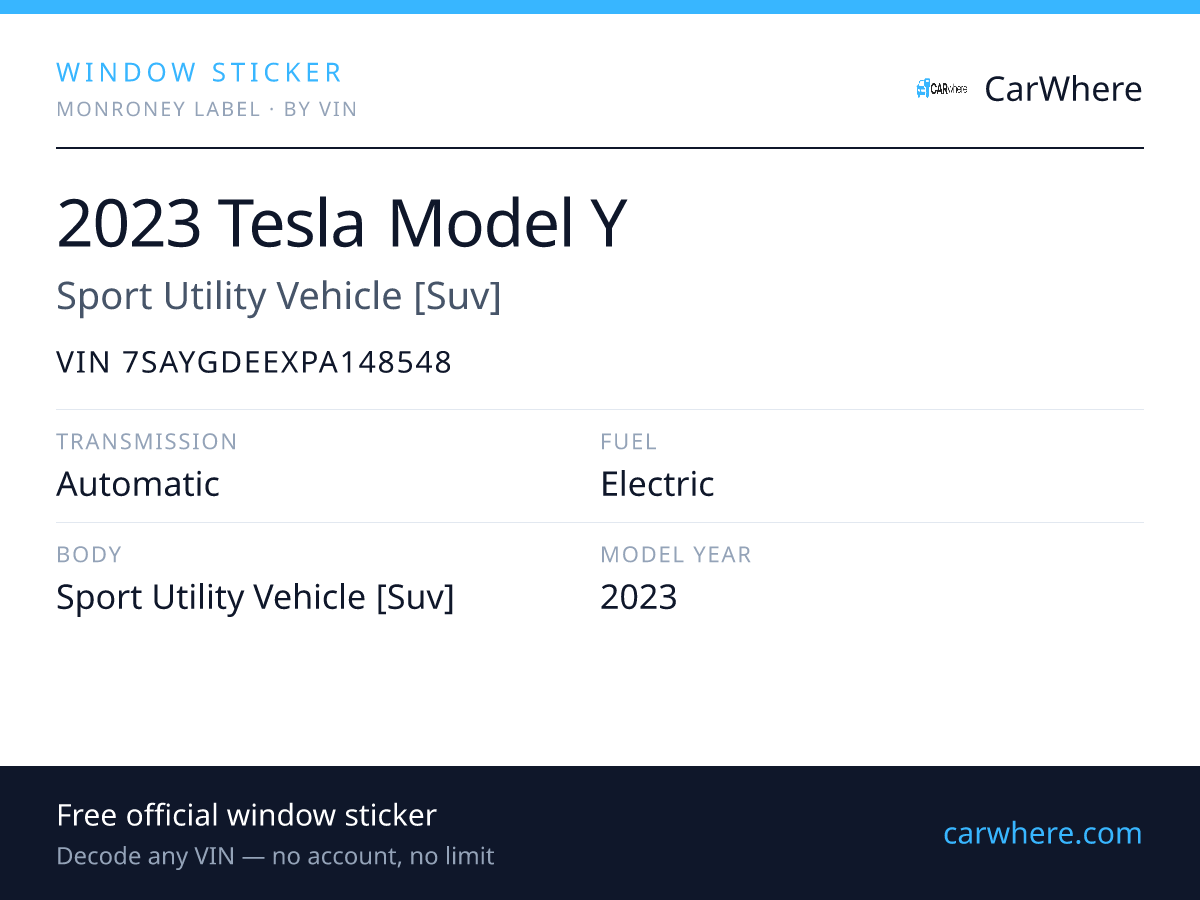 VIN 7SAYGDEEXPA148548 — 2023 TESLA Model Y VIN Decode, Specs & Recalls ...