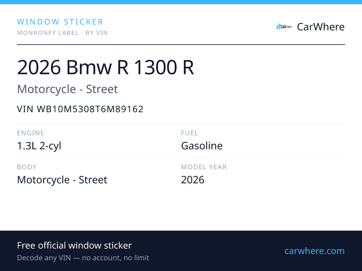 VIN WB10M5308T6M89162 — 2026 BMW R 1300 R VIN Decode, Specs & Recalls ...